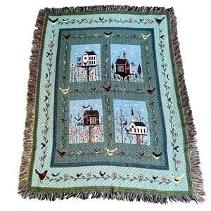 Vintage Warren Kimble Birdhouse Birds Tapestry Throw Blanket Folk Art 44x55”